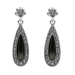 Sterling Silver Whitby Jet Marcasite Pear Drop Stud Earrings E2236