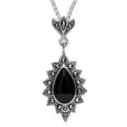 Silver Whitby Jet Marcasite Beaded Edge Pear Necklace P2121