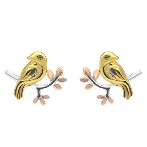 Silver Yellow and Rose Gold Bird on a Branch Stud Earrings E2373