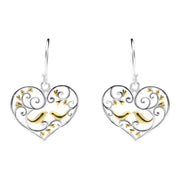 Sterling Silver Yellow Gold Bird Vine Open Heart Hook Earrings E2375