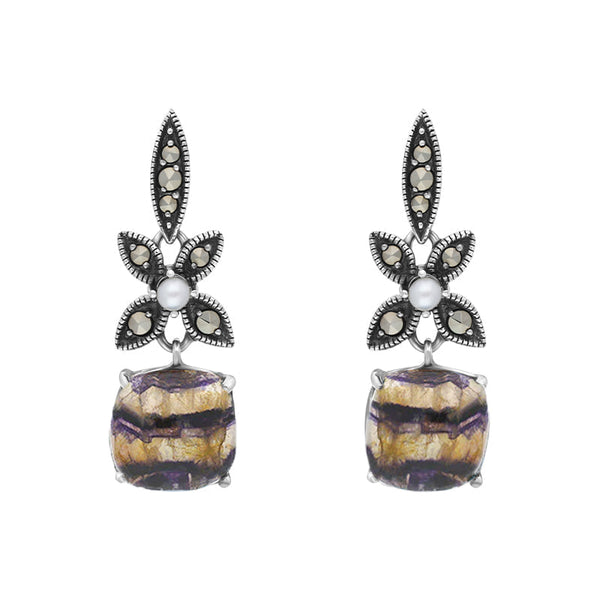 Sterling Silver Blue John Marcasite Pearl Flower Top Drop Earrings E1700