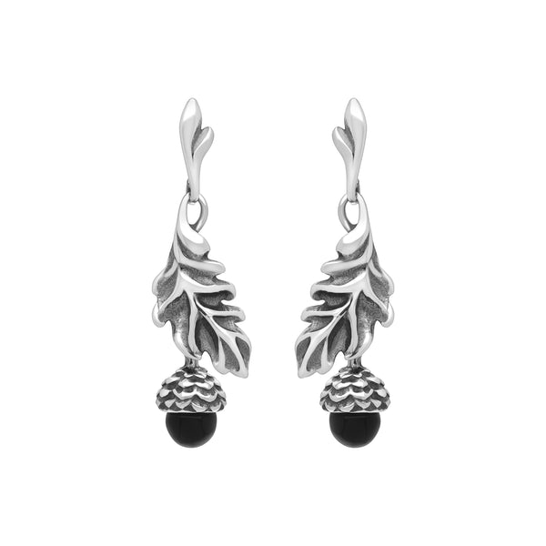 Sterling Silver Whitby Jet Acorn Leaf Drop Earrings, E2617