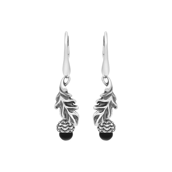 Sterling Silver Whitby Jet Acorn Leaf Hook Earrings, E2616