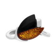 Sterling Silver Whitby Jet Amber 2 Stone Leaf Ring