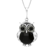 Sterling Silver Whitby Jet Marcasite Medium Owl Necklace