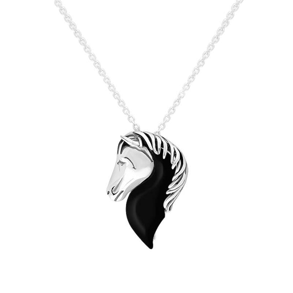 Sterling Silver Whitby Jet Medium Horse Head Necklace, P3596