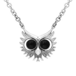 Sterling Silver Whitby Jet Owls Face Necklace. N945.