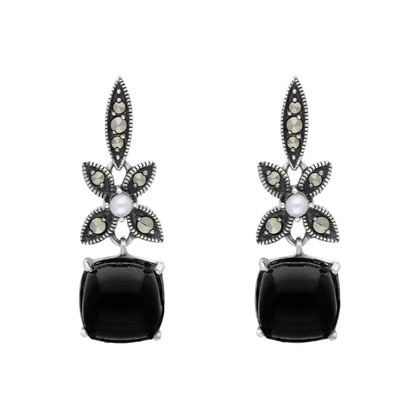 Sterling Silver Whitby Jet Pearl Marcasite Flower Drop Earrings, E1700.