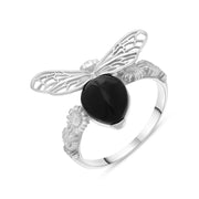 Sterling Silver Whitby Jet Small Bee Pear Ring, R1277