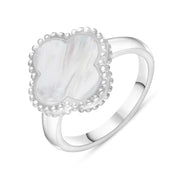 Sterling Silver WHITE MOP Bloom Four Leaf Clover Ball Edge Ring, R1264 