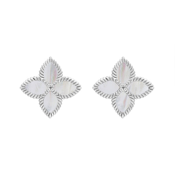 Sterling Silver WHITE MOP Bloom Marquise Flower Stud Earrings