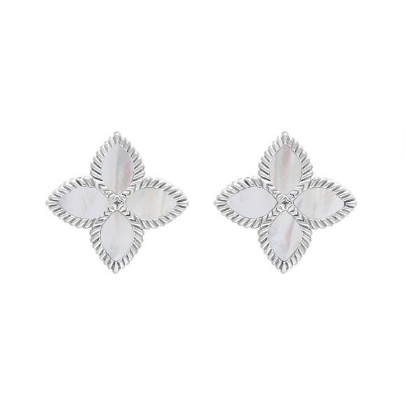 Sterling Silver WHITE MOP Bloom Marquise Flower Stud Earrings