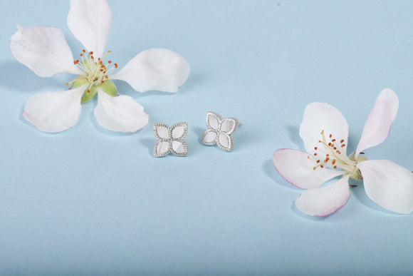 Sterling Silver White Mother of Pearl Eden Marquise Flower Stud Earrings