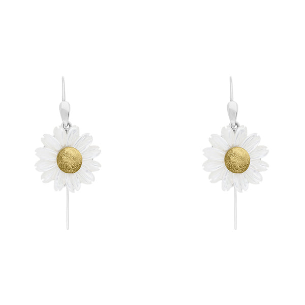 Sterling Silver and Yellow Gold White Mother Of Pearl Tuberose Daisy Drop Earrings, E2206.