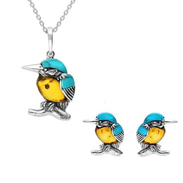 Sterling Silver Amber Turquoise Small Kingfisher Two Piece Set P3501 and E2523