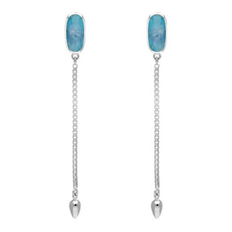Sterling Silver Aquamarine Lineaire Long Drop Stud Earrings. E2240.