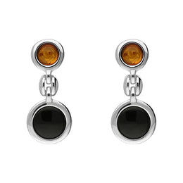 Sterling Silver Baltic Amber Whitby Jet Graduated Drop Earrings. E1564