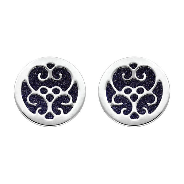 Sterling Silver Blue Goldstone Flore Filigree Stud Earrings, E1782.