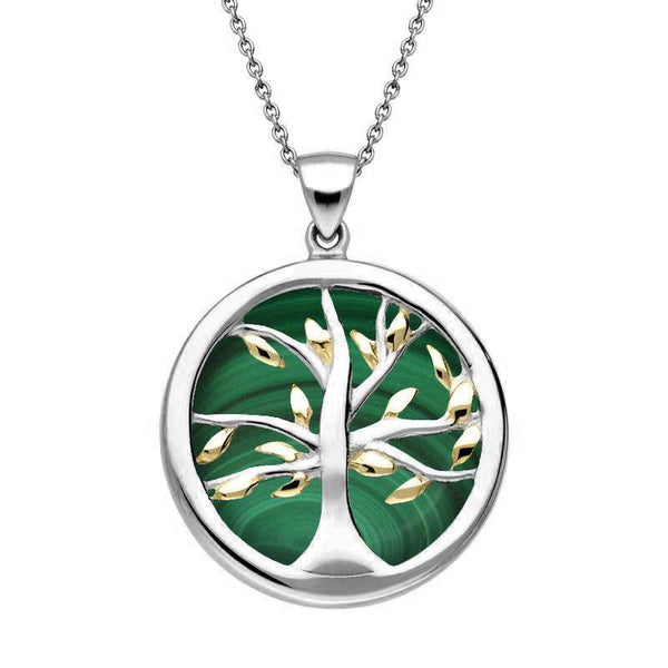 Sterling Silver Gold Plate Malachite Medium Round Tree of Life Necklace, P3441.