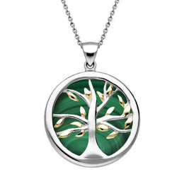 Sterling Silver Gold Plate Malachite Medium Round Tree of Life Necklace, P3441.