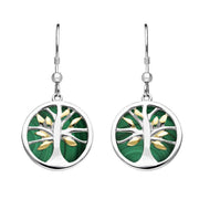 Sterling Silver Gold Plate Malachite Round Tree of Life Drop Earrings, E2485.