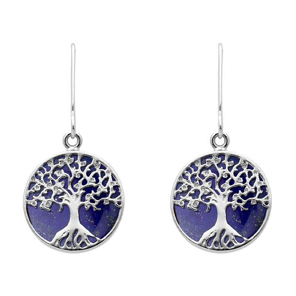 Sterling Silver Lapis Lazuli Round Tree of Life Drop Earrings, E2429.