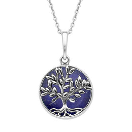 Sterling Silver Lapis Lazuli Small Round Large Leaves Tree of Life Necklace, P3340.
