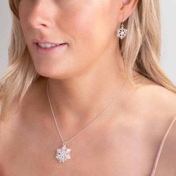 Sterling Silver White Cubic Zirconia Snowflake Drop Earrings, E2083