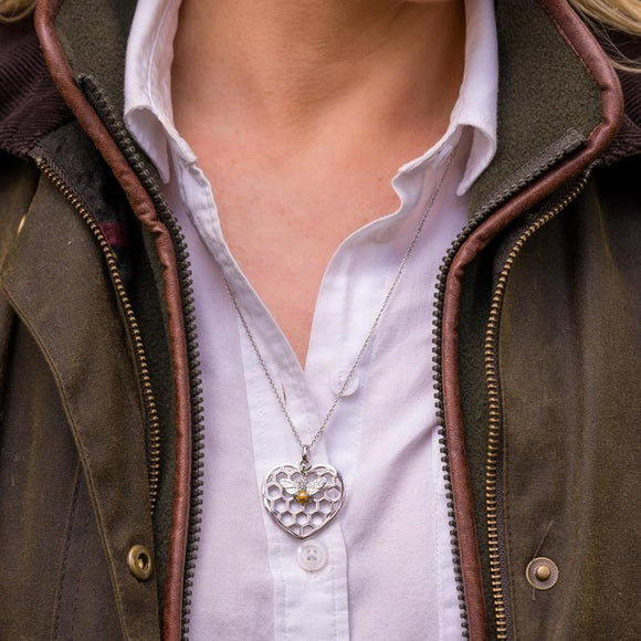 Sterling Silver Swarovski Crystal House Style Bee in Beehive Heart Necklace. P2924C.