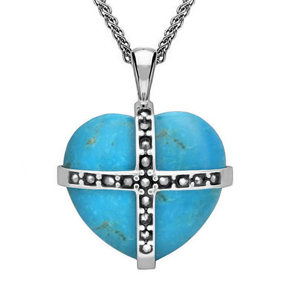 Sterling Silver Turquoise Marcasite Large Cross Heart Necklace, P2260.