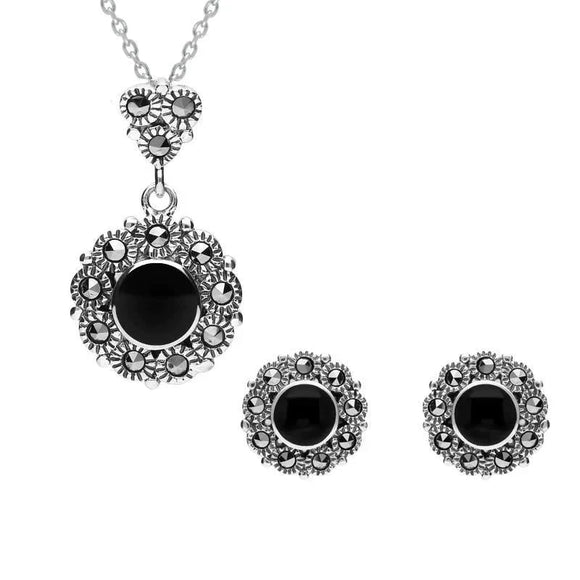 Sterling Silver Whitby Jet Marcasite Round Bead Edge Two Piece Set