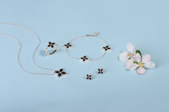 Sterling Silver Whitby Jet Eden Small Marquise Flower Necklace