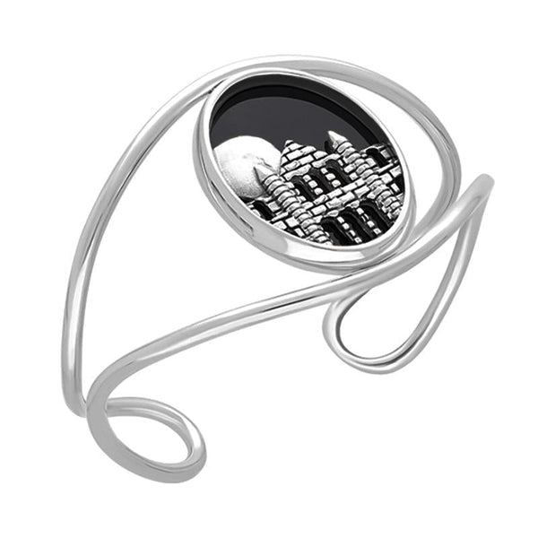Sterling Silver Whitby Jet Gothic Moon and Abbey Cuff Bangle, B1245