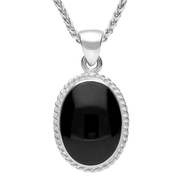 Sterling Silver Whitby Jet Heritage Rope Edge Medium Oval Pendant, P004