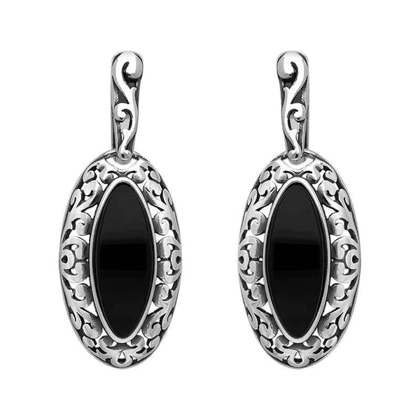 Sterling Silver Whitby Jet Marquise Pierced Frame Earrings, E1555