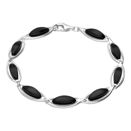 Sterling Silver Whitby Jet Marquise Shaped Nine Stone Bracelet, B852.