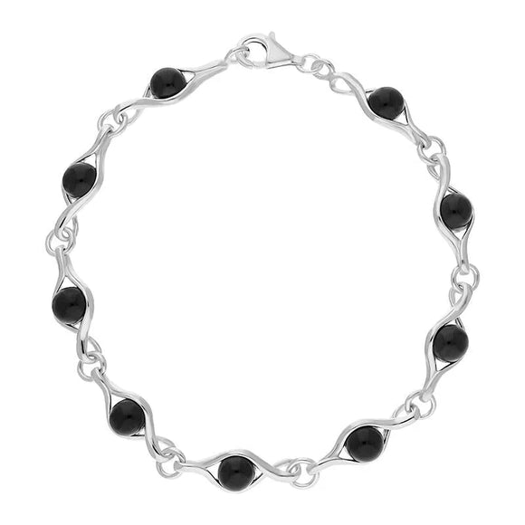 Sterling Silver Whitby Jet Nine Stone Twist Link Bracelet, B883.