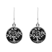 Sterling Silver Whitby Jet Round Large Tree of Life Leaves Drop Earrings, E2427