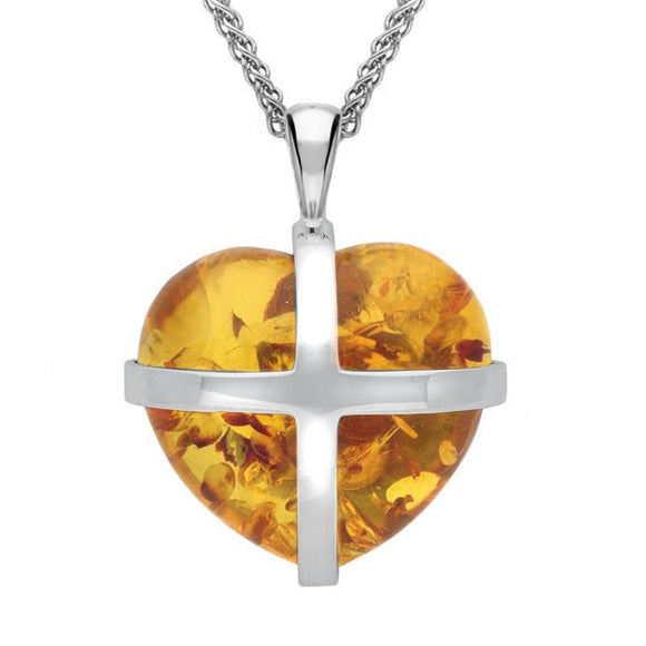 Sterling Sterling Silver Amber Large Cross Heart Necklace, P1542.
