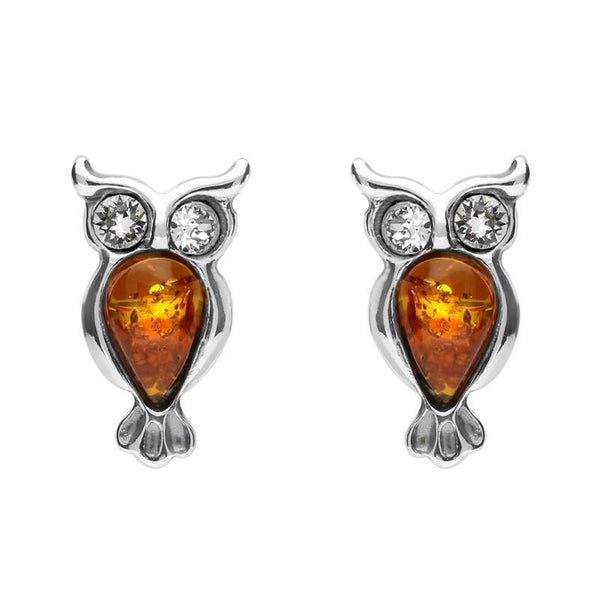 Sterling Silver Amber Cubic Zirconia Owl Stud Earrings, E2327.