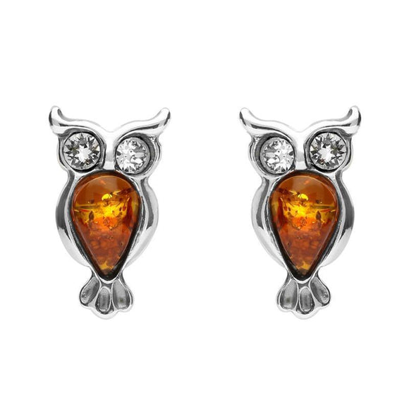 Sterling Silver Amber Cubic Zirconia Owl Stud Earrings, E2327.