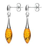 Sterling Silver Amber Long Slim Marquise Drop Stud Earrings. E2343.