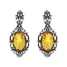 Sterling Silver Amber Oval Drop Earrings. E1570.