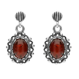 Sterling Silver Amber Oval Ornate Edge Drop Earrings, E2347.