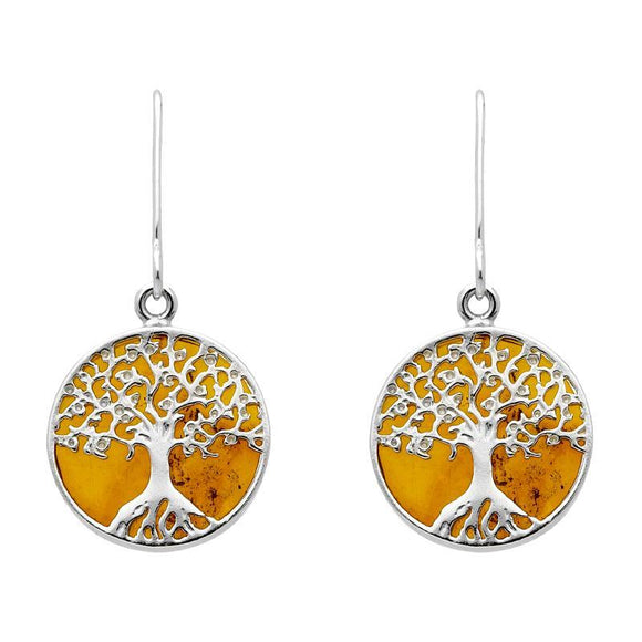 Sterling Silver Amber Round Tree Drop Earrings, E2429