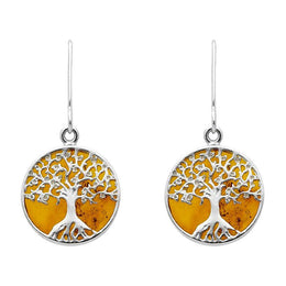 Sterling Silver Amber Round Tree Drop Earrings, E2429