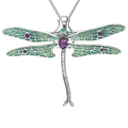 Sterling Silver Amethyst Diamonds House Style Dragonfly Brooch Necklace M317