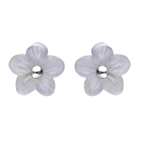 Sterling Silver Blue Chalcedony Tuberose Pansy Stud Earrings, E2152.