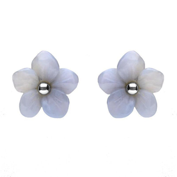 Sterling Silver Blue Chalcedony Tuberose Pansy Stud Earrings, E2153.