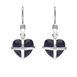 Sterling Silver Blue Goldstone Small Cross Heart Drop Earrings, E1287.